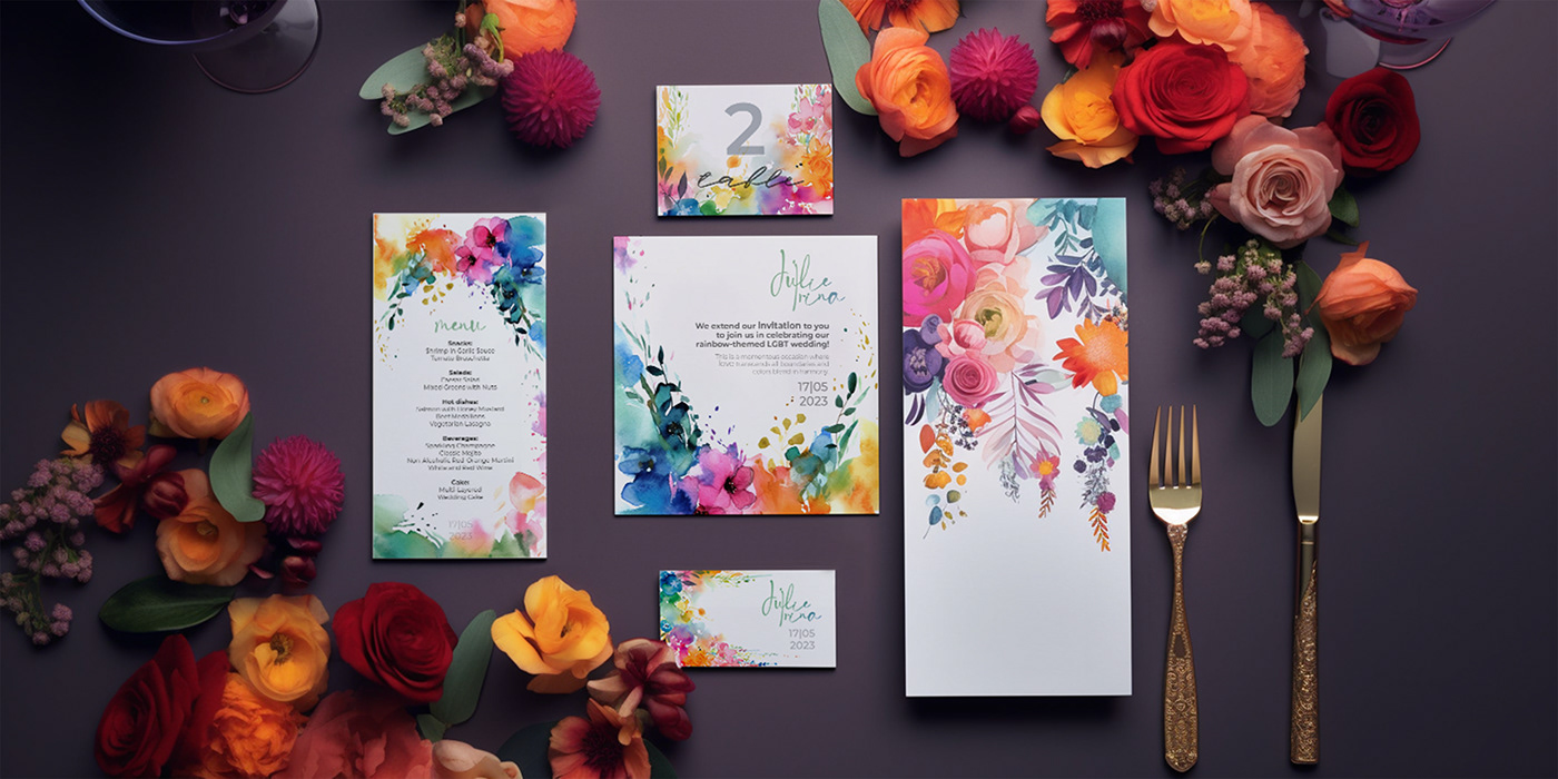 rainbow wedding invitation watercolor colorful LGBT queer trends 2023 floral wedding invitations Inclusive Celebration