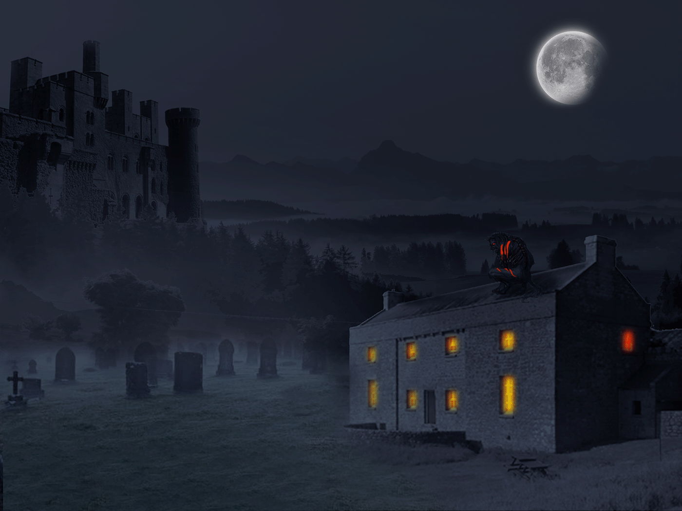 Wolfman Castle old house forest fantasy Magic   moonlight moon manipulation graveyard