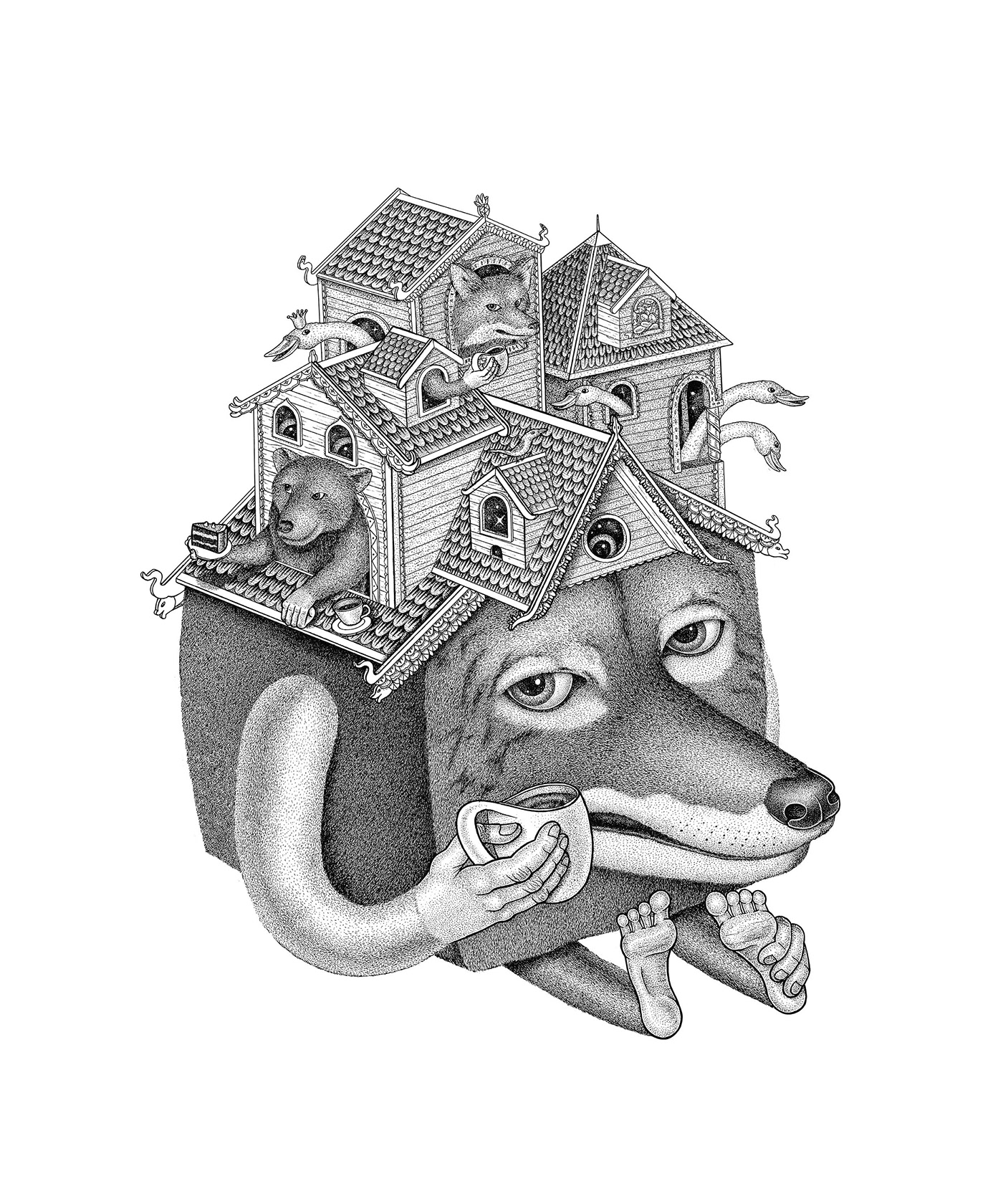 animal Character digital dotwork FOX graphic home ink wildlife