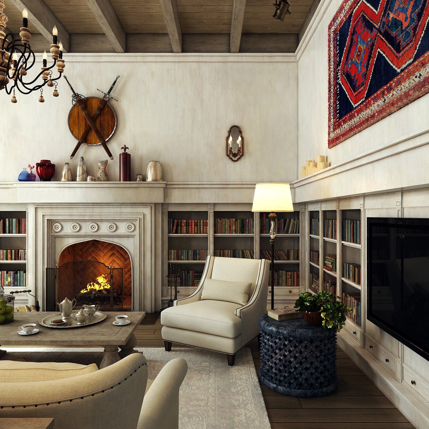 Colonial style Ethnic fireplace library natural materials 3ds max architecture interior design  living room vray