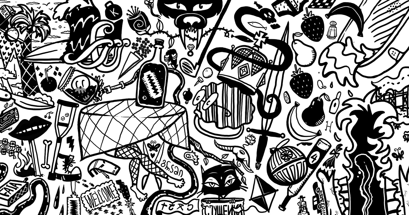 2D abstract Black N White cartoon digital doodle art graphic Mandala maximalism mind flow