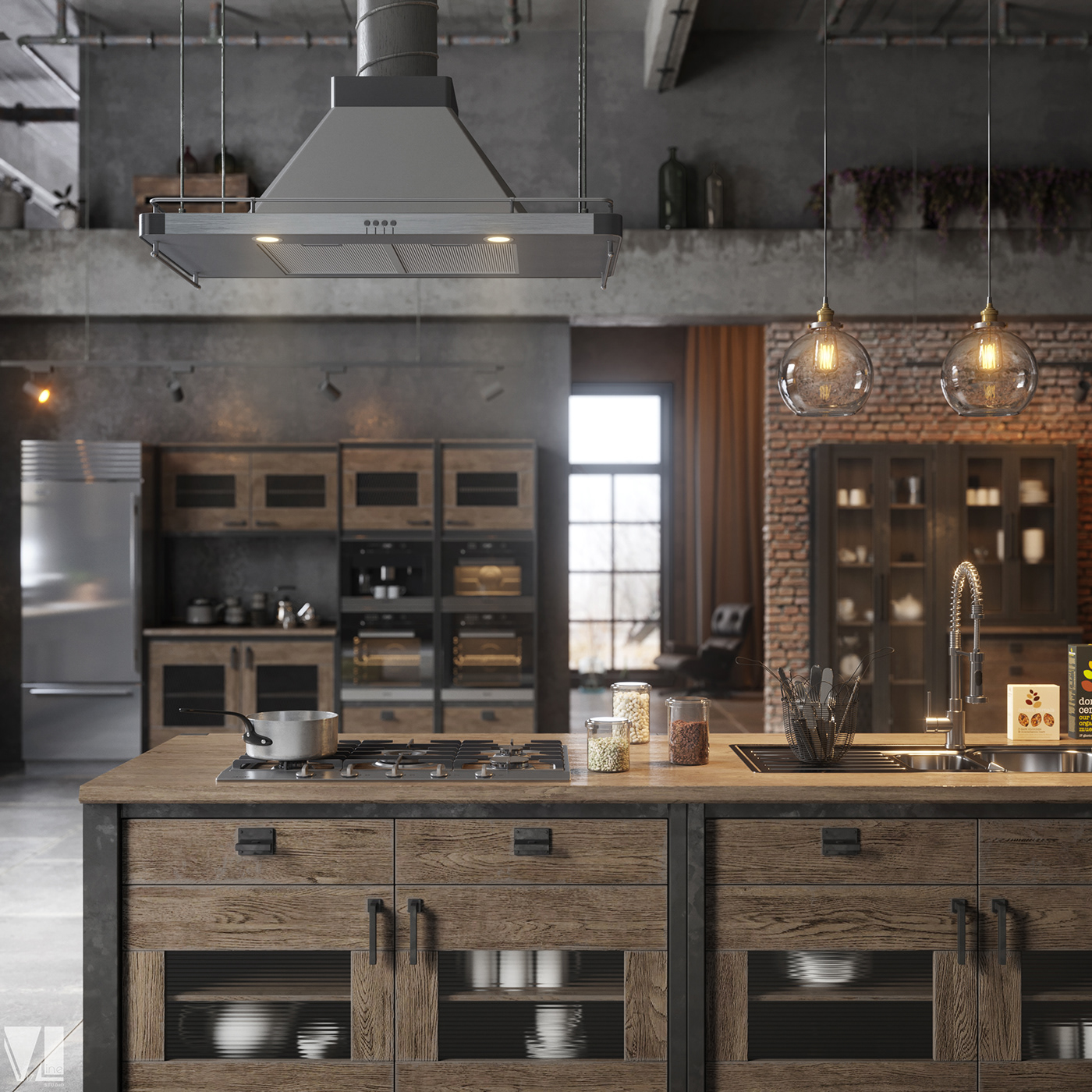 kitchen LOFT design VizLine Studio visualization interior design  3dmax CoronaRender  photoshop Moscow