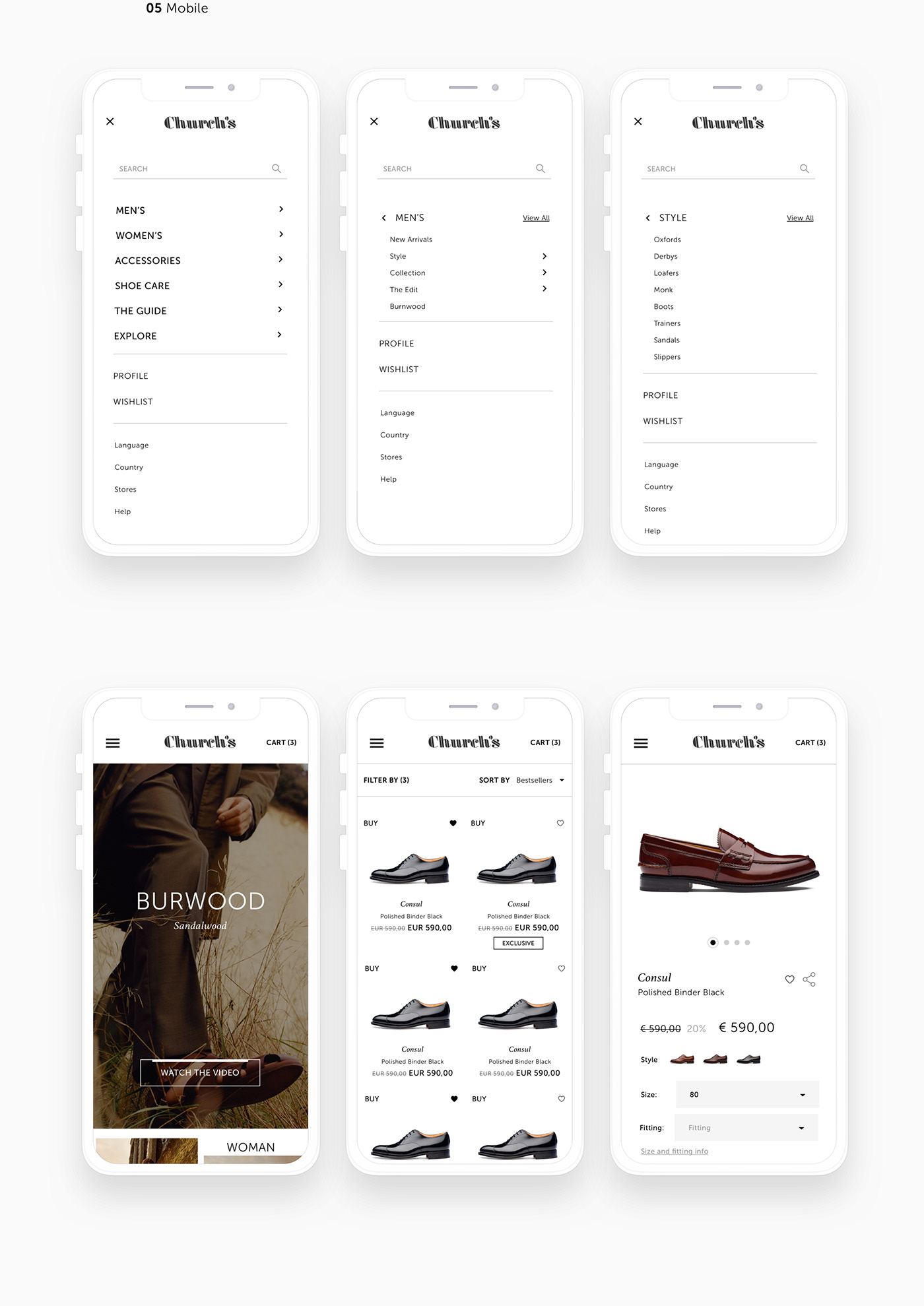 prada UI/UX Ecommerce Responsive Fashion  Website minimal shoes Church's
