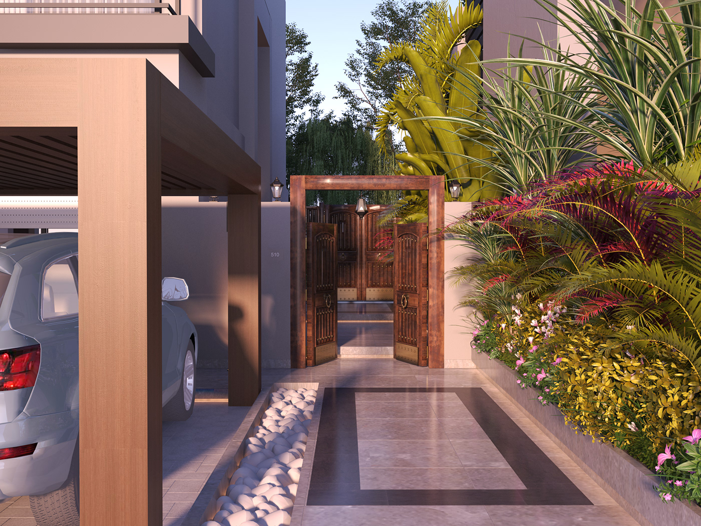 3ds max architecture Entrance exterior Landscape modern Outdoor Unique Villa visualization