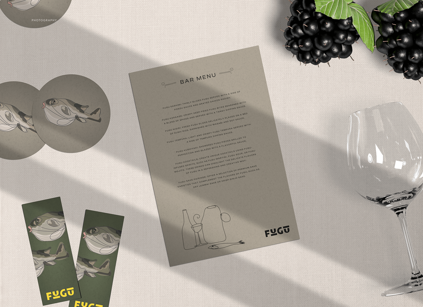 Fugu bar/restaurant menu card design with photoreal mockup