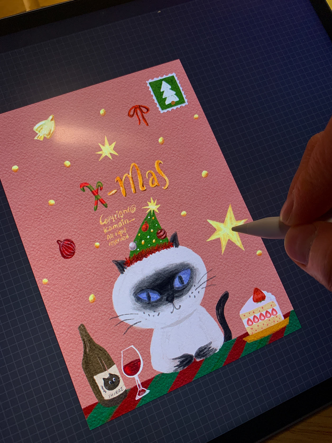 ILLUSTRATION  Illustrator freelancer illustrator xmas Christmas winter wine siamese Cat Drawing 