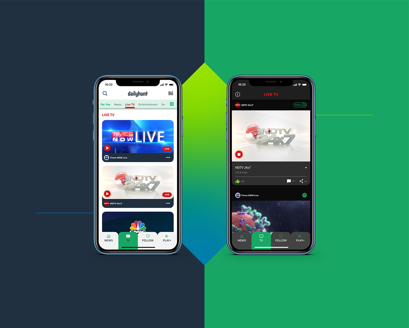A UI design version for the Live TV option for Dailyhunt Rebranding