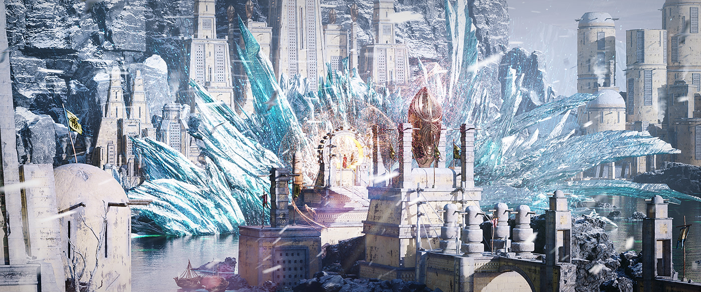 CGI coronarenderer dragon environment gamedesign ice Kitbash3d MegaScans Quixel snow