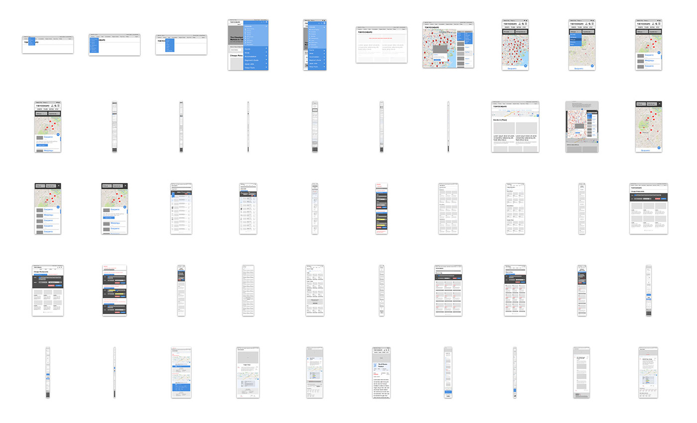 The wireframe layouts of +14 templates and multiple interaction mockup samples for Tokyo Cheapo.