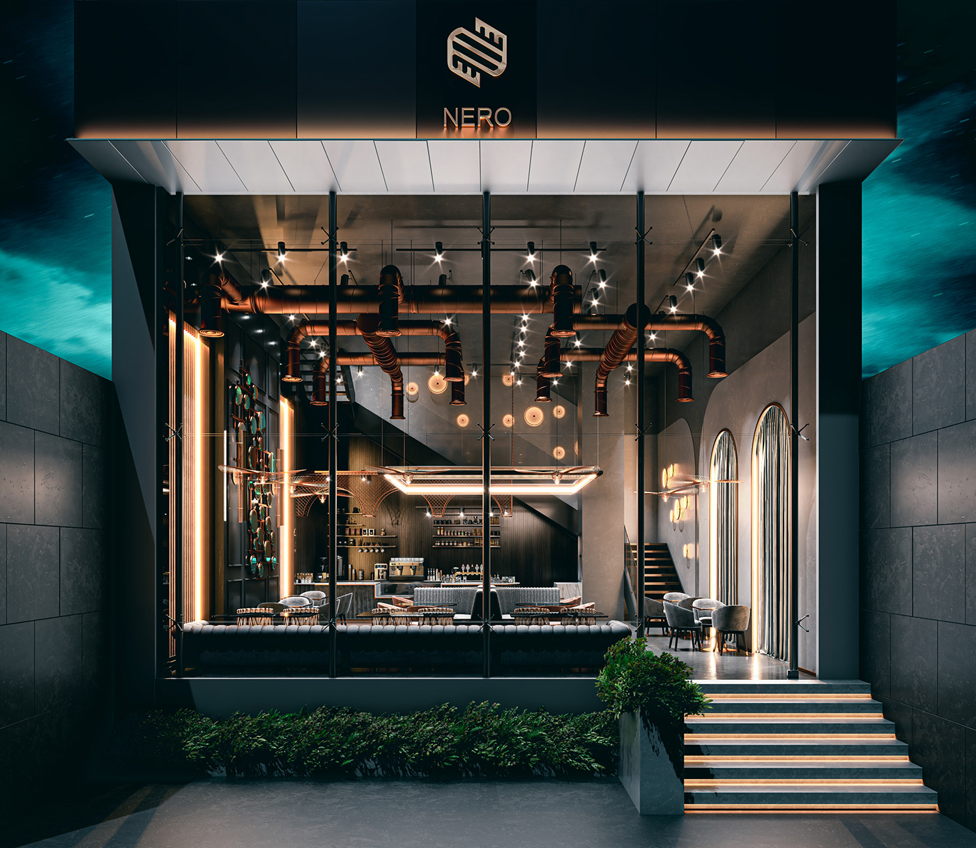 architecture bar cafe design interiordesign lighting modern restaurant visualization interior design 