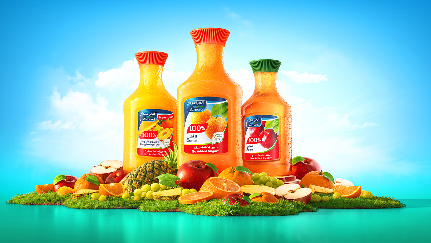 3D almarai branding  CGI delicious Food  fruits juice realistic retouching 