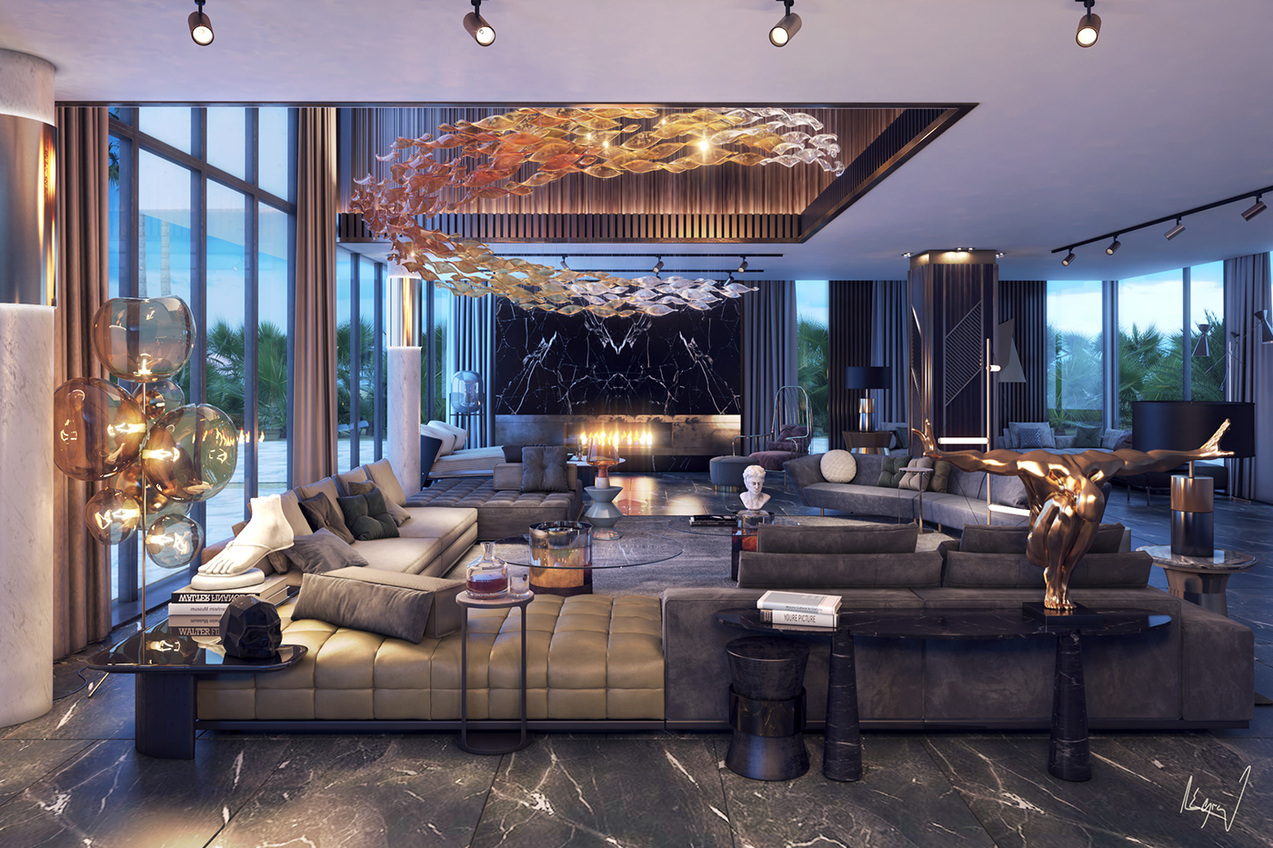 3D Visualization dazzling interior design  living room luxury rendering
