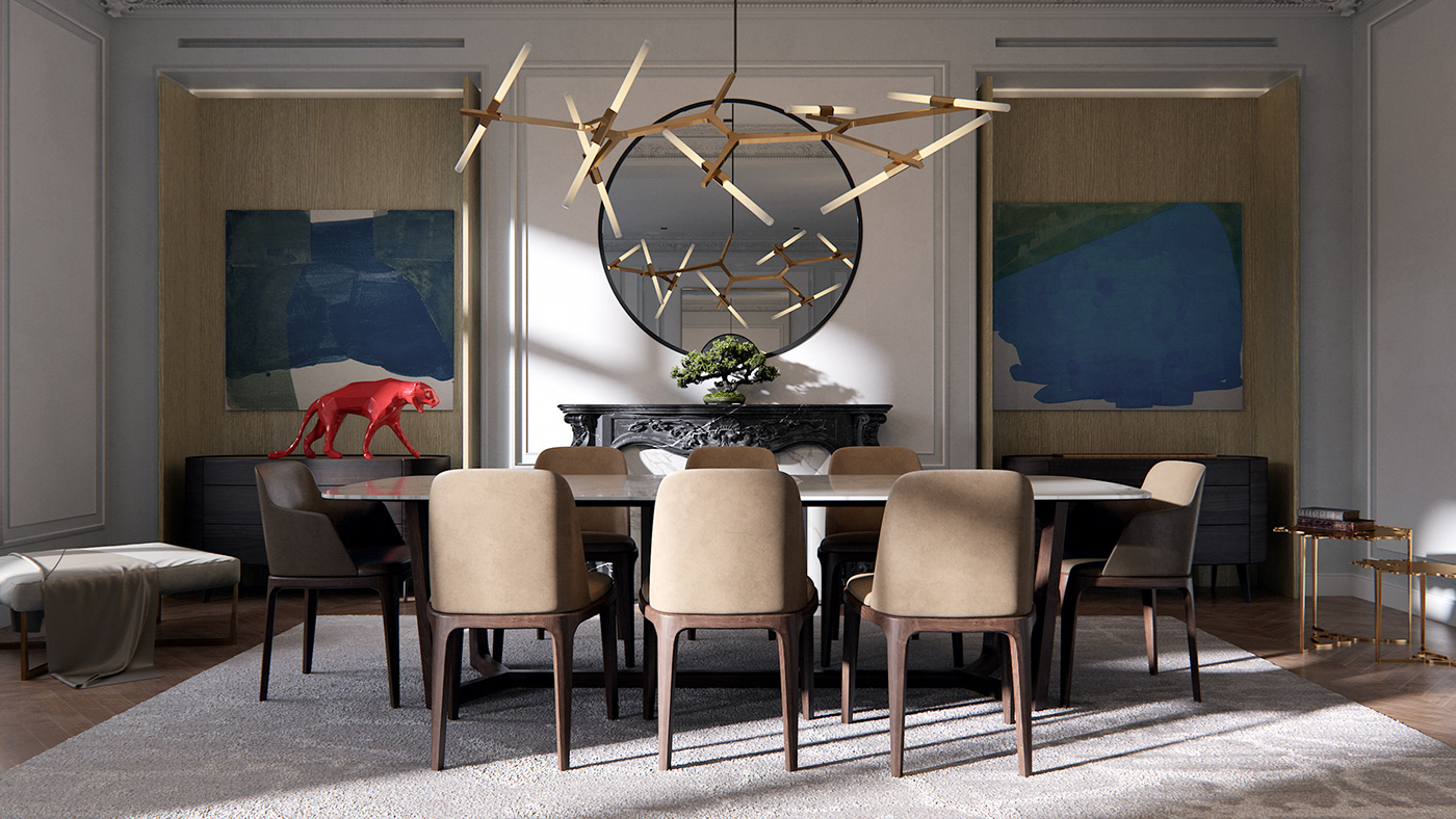 apartment visualization drowart CGI rendering Interior gold artdeco photorealistic 3D