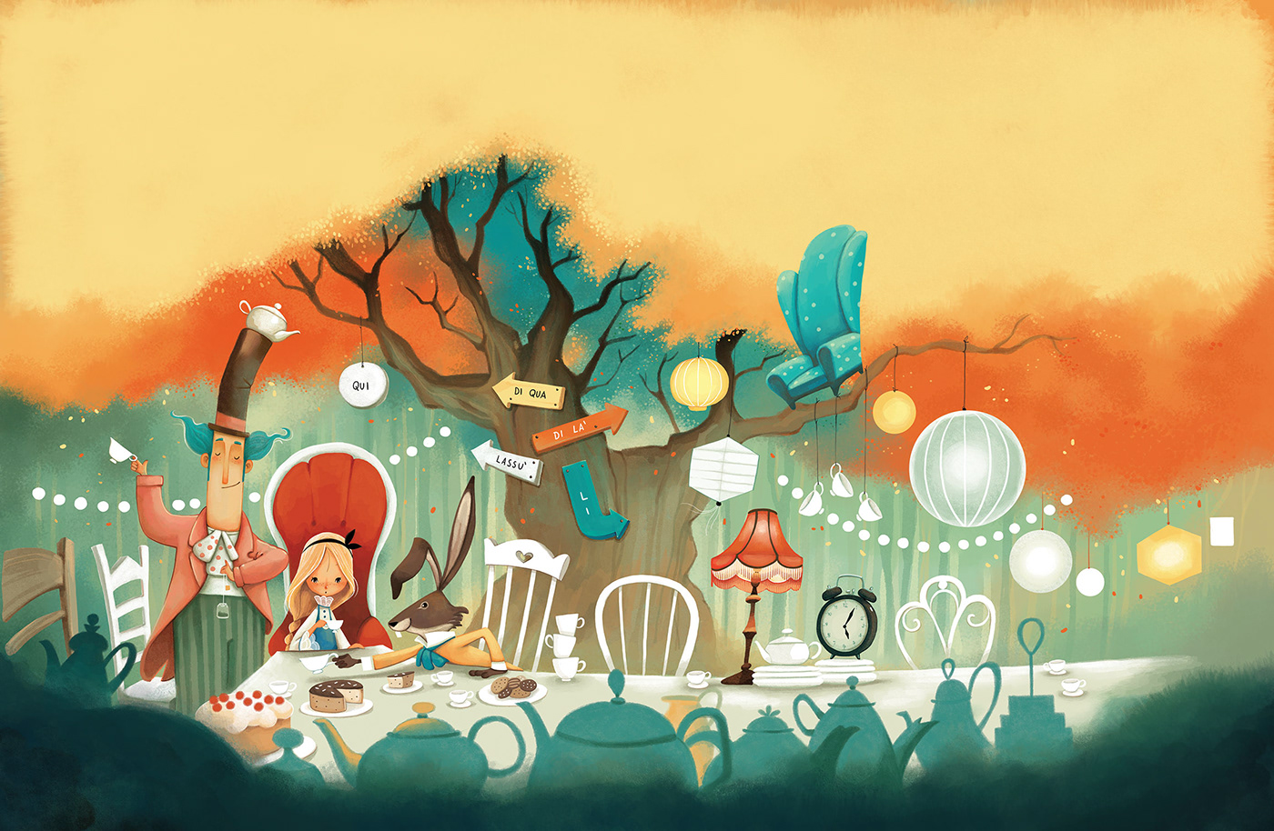 alice wonderland ILLUSTRATION  rabbit tea children's book artwork mad hatter