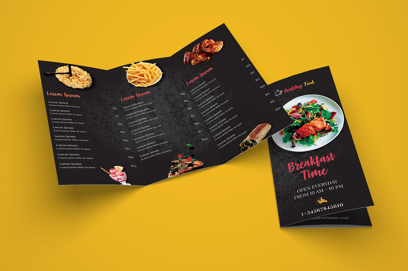 Download Free Restaurant Tri-Fold Brochure Template on Behance Within 3 Fold Brochure Template Psd Free Download