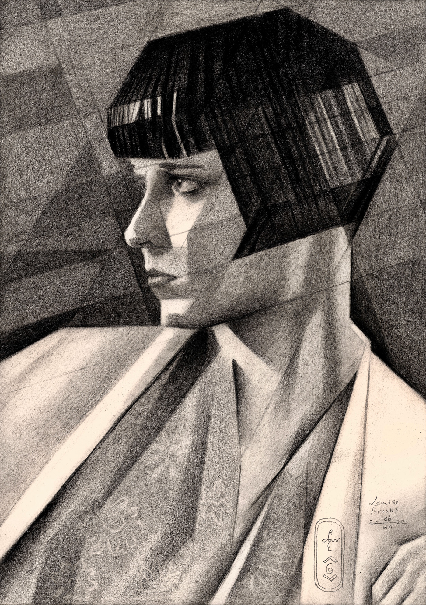 1920s 1930s art deco cubism Cubist Portrait deco Drawing  Louise Brooks pencil portrait