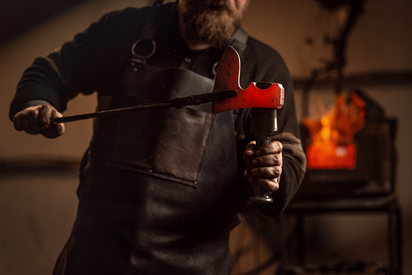 smithy iron fire man Production portrait hands leather manufacture axe
