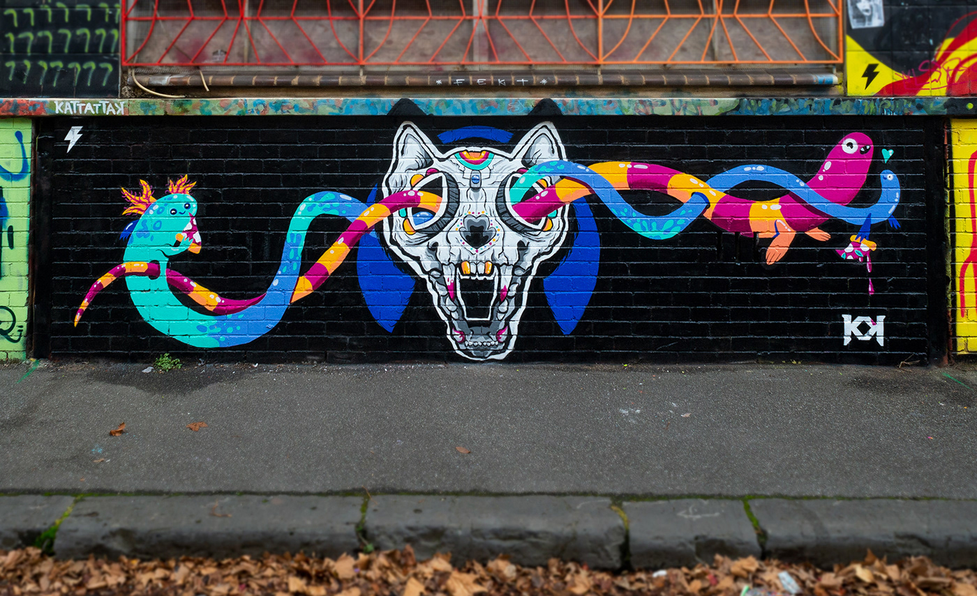 cartoon cats ILLUSTRATION  Melbourne Mural painting   Pizza skulls Street Art 