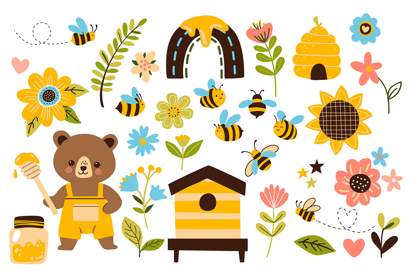 cartoon digital illustration Character design  children illustration seamless pattern flat illustration bees honey bear Cartoon vector art
