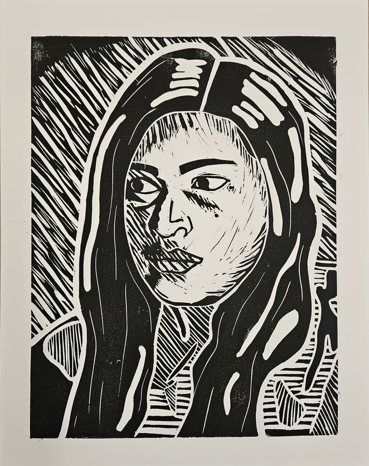 relief print printmaking artwork self portrait carving expressionist
