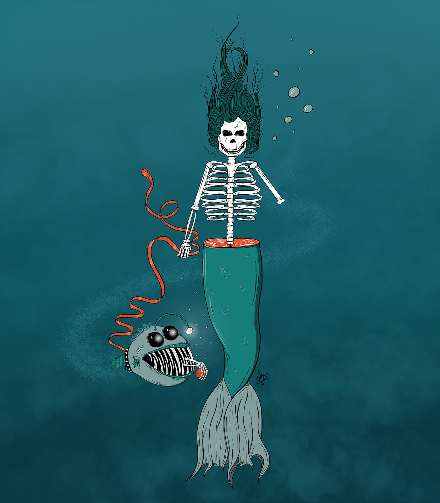 Procreate iPad ILLUSTRATION  Illustrator Line Work color mermaid under the sea death skeleton skull fetch