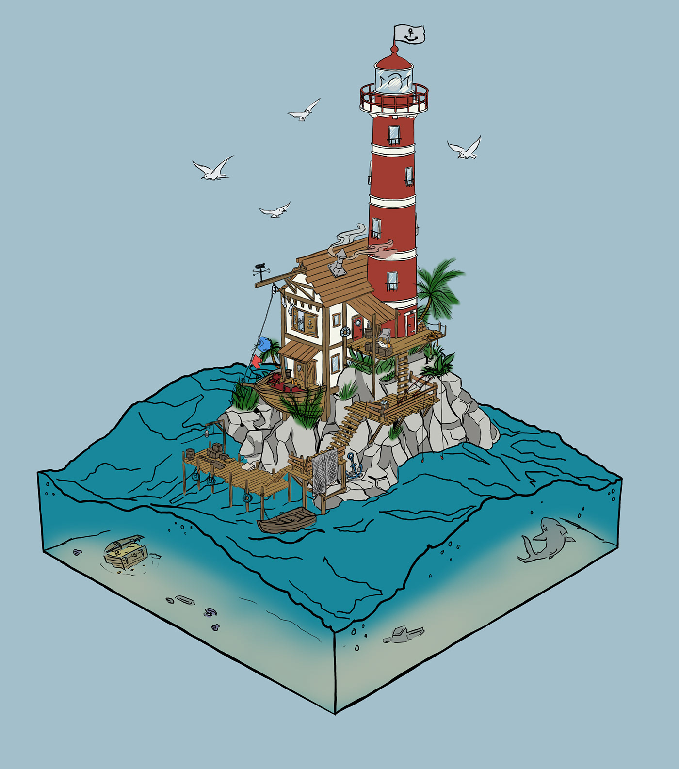 3d textures Island lighthouse Maya 3D Ocean PhoenixFD shark Shipwreck waves luminous creative imaging