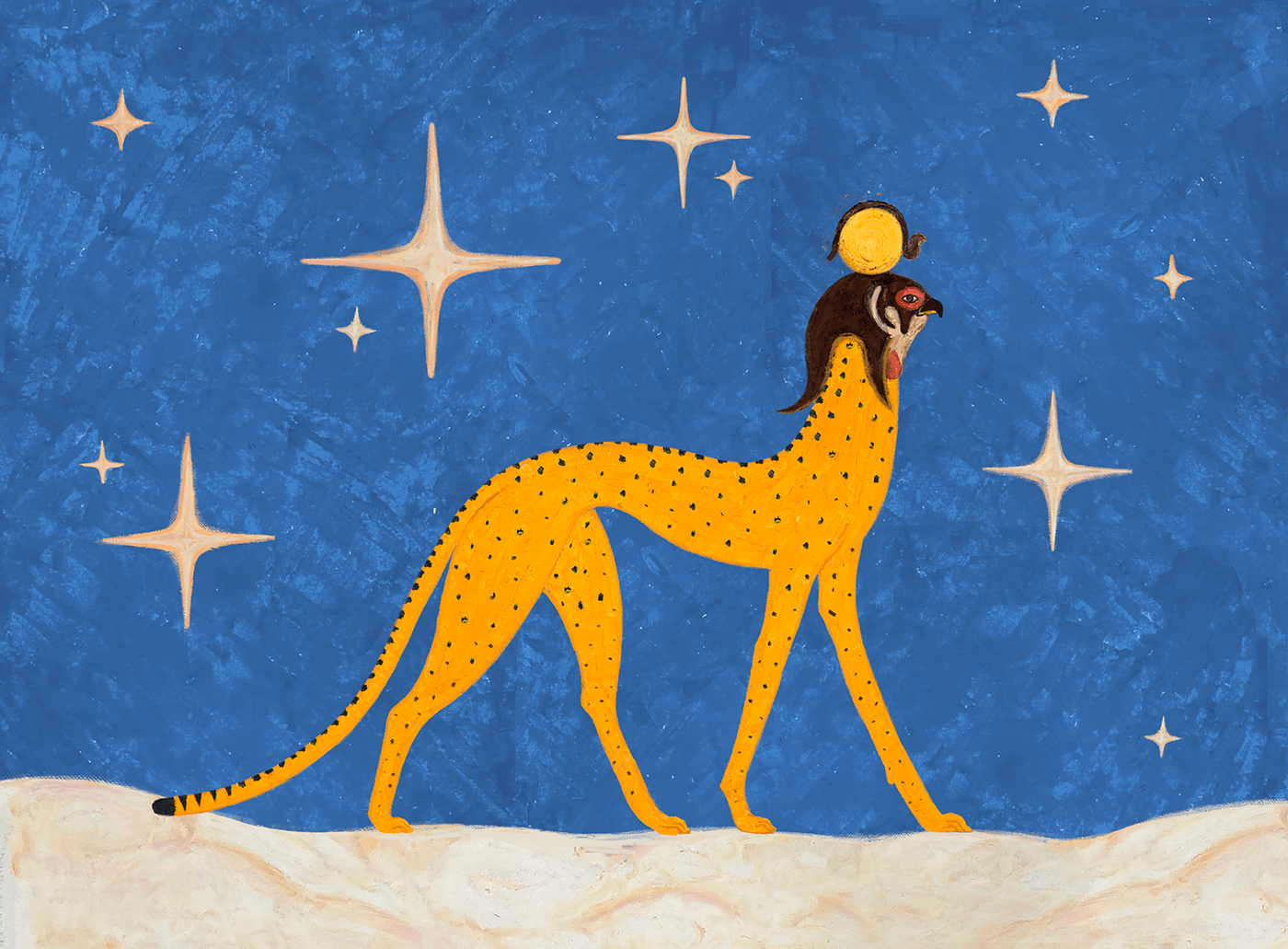 Cheetah with a bird head and stars.