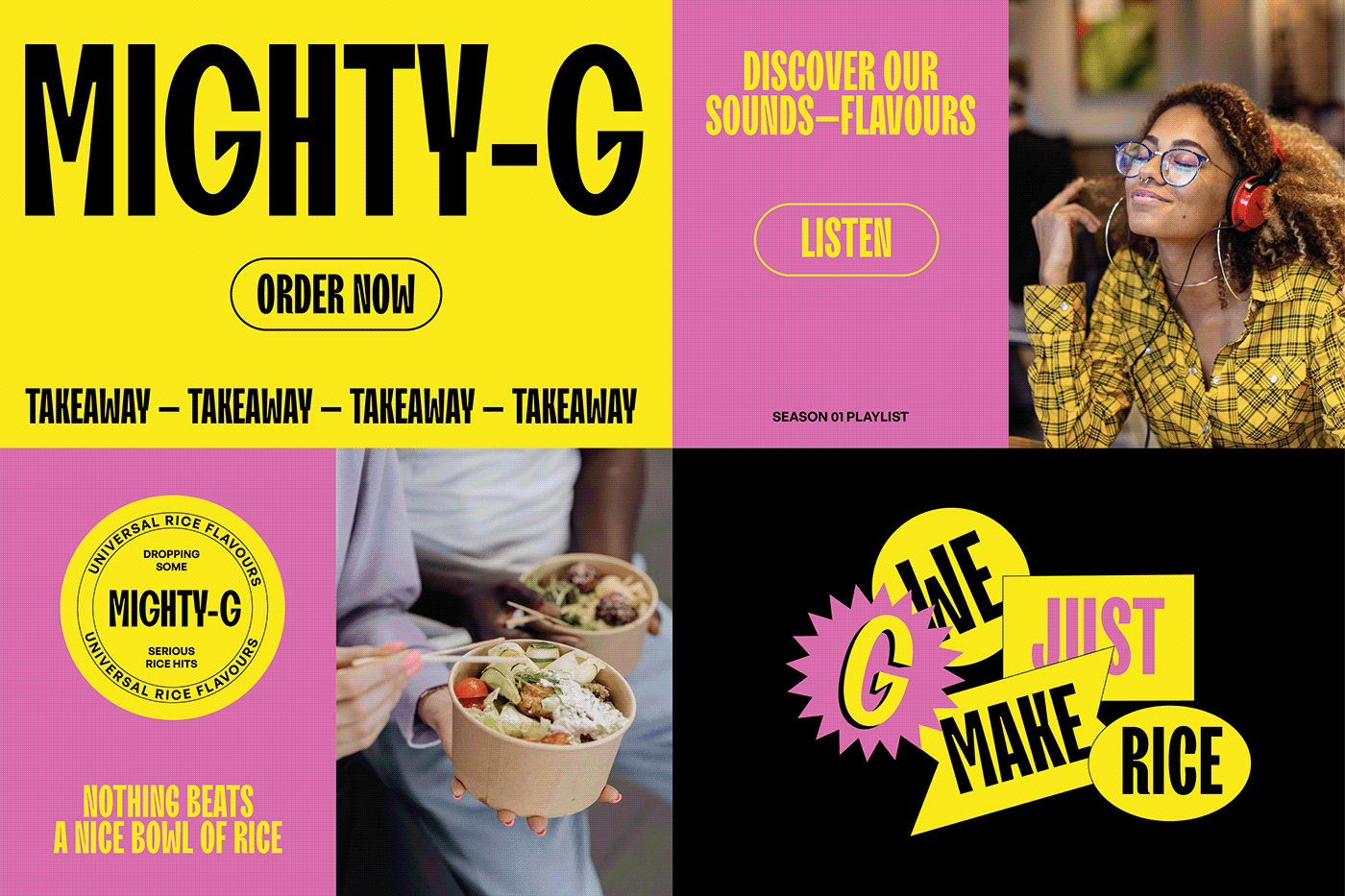 Logotype and logomark  for the ghost kitchen identity branding. Yellow and vibrant background