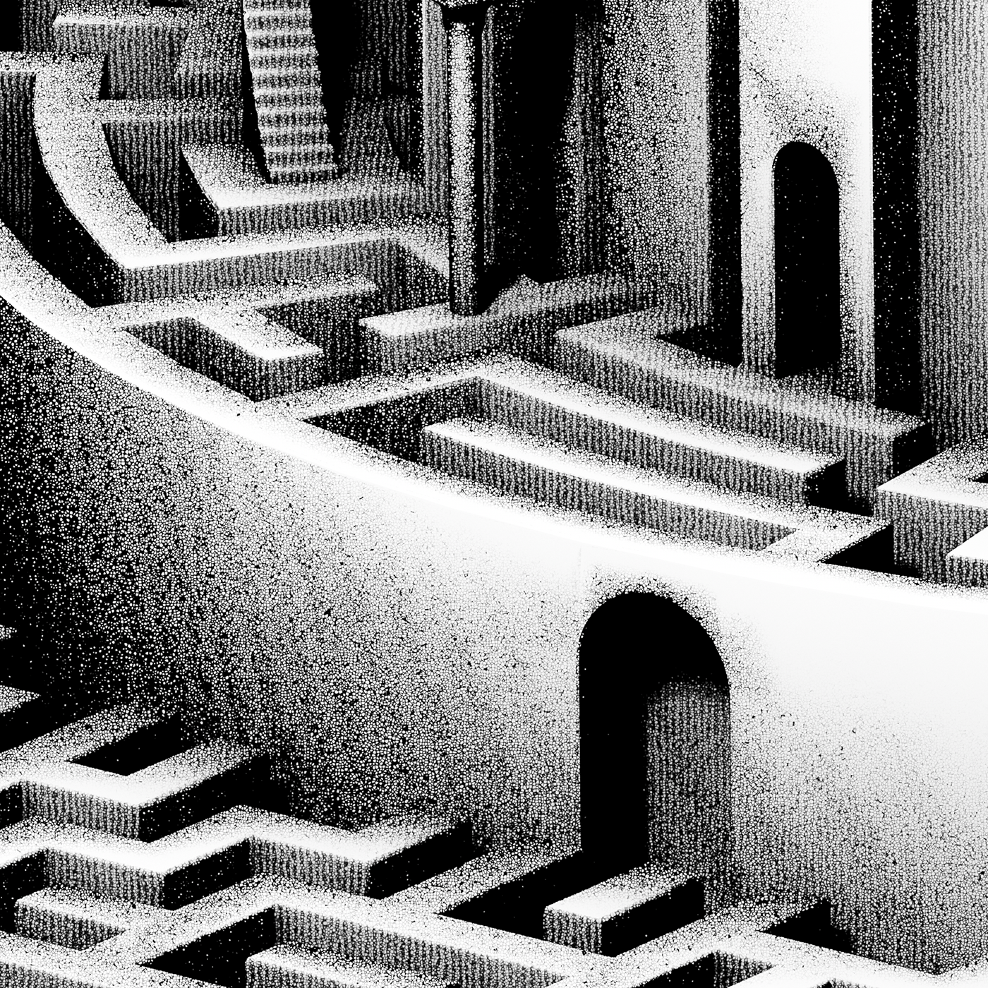 maze stairs Castle escher black and white stronghold tower Isometric 3D geometric