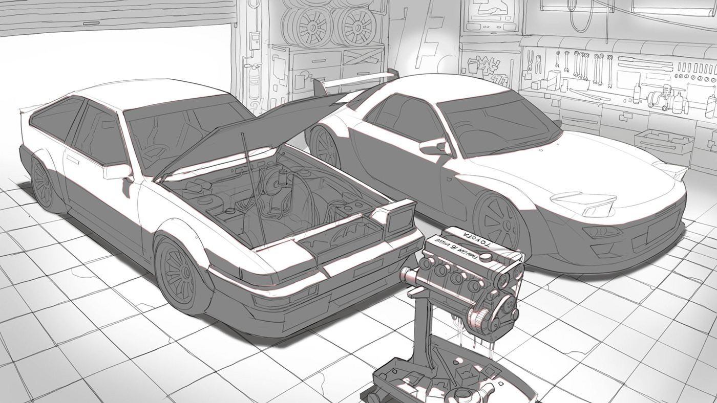 initial d Fan Art toyota86 Mazda Rx7 Raceism concept art Vehicle garage