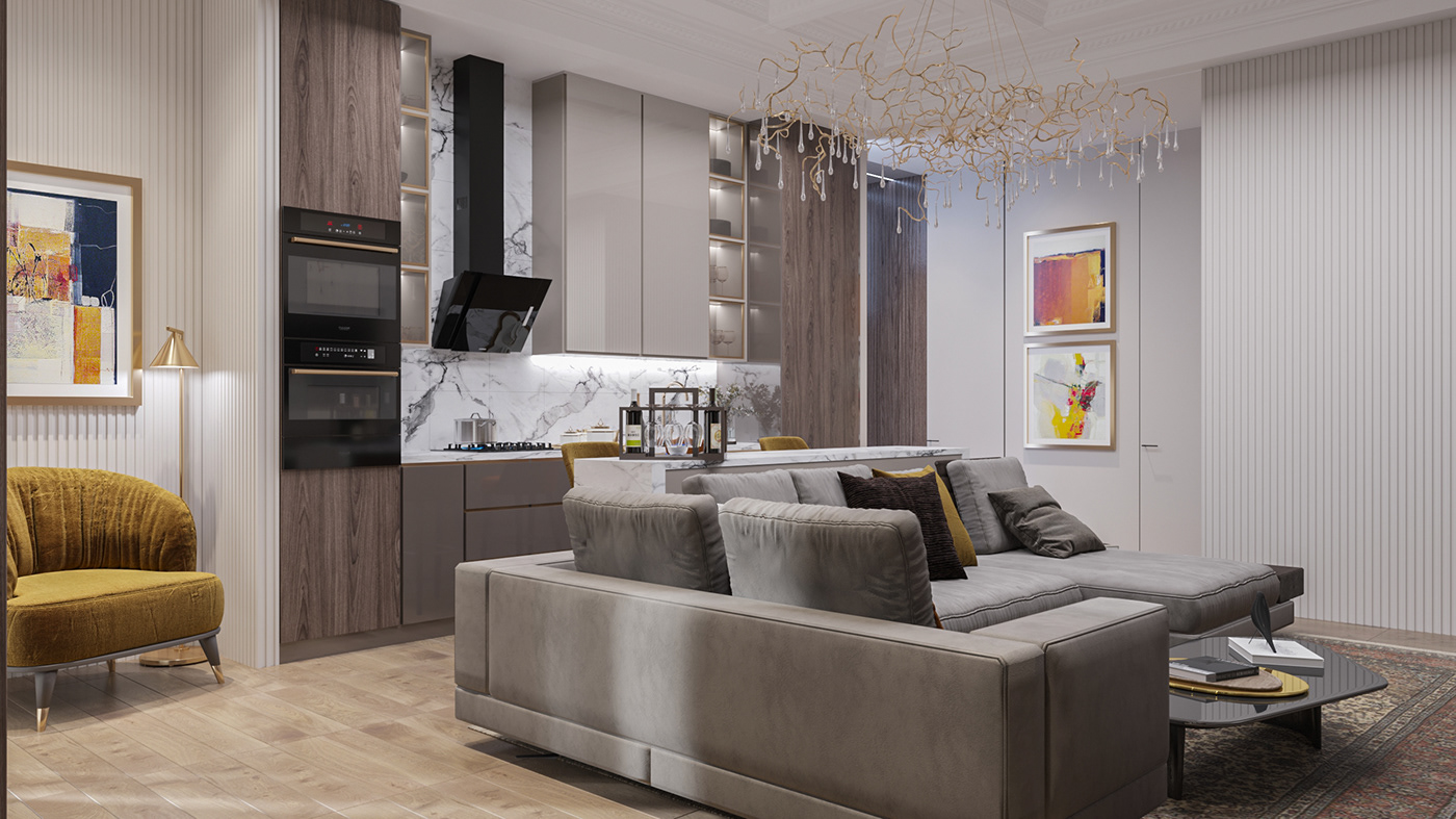 3dsmax corona design Interior kitchen living room luxury modeling visualization