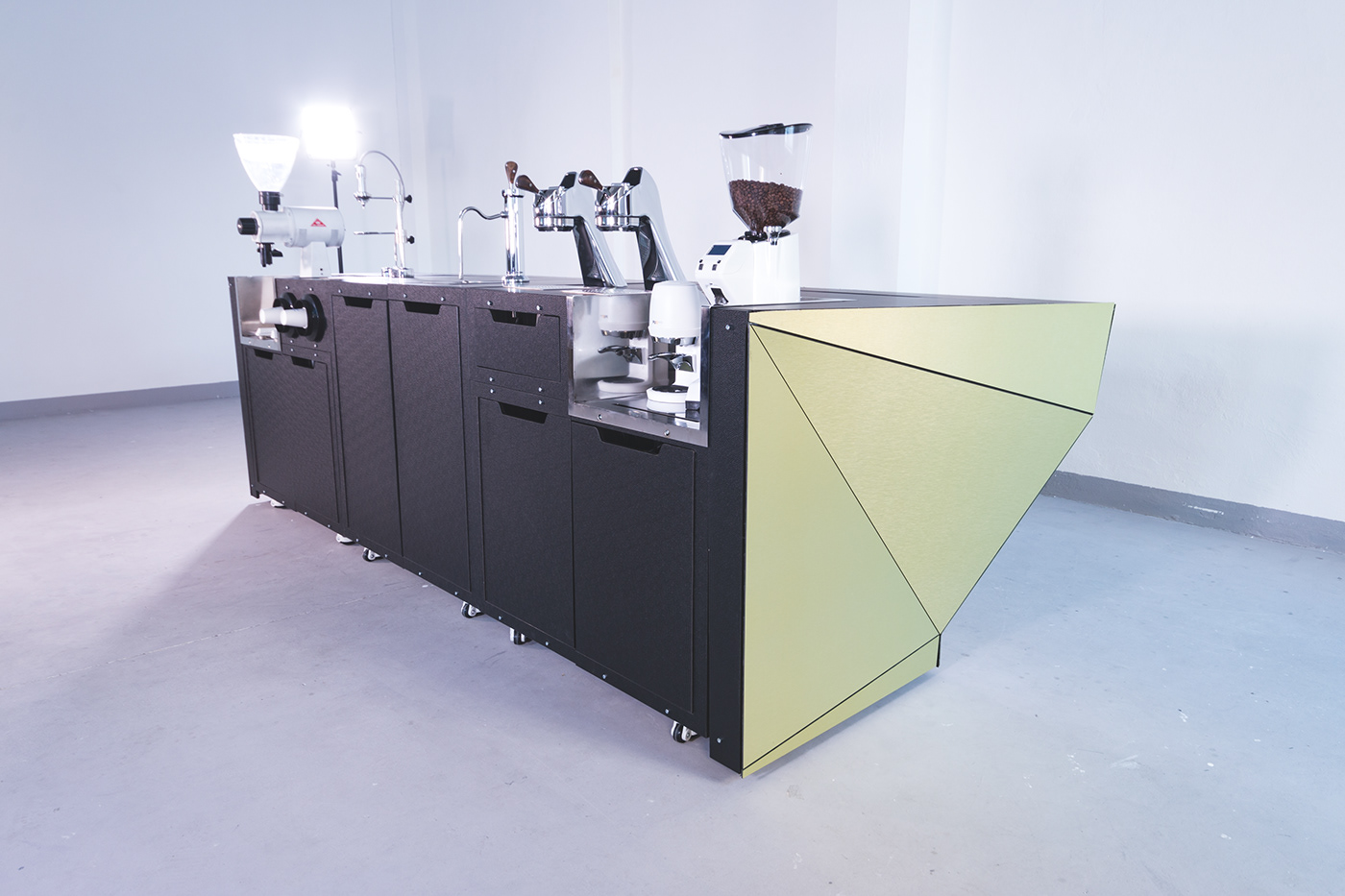 Coffee barista modular furniture counter polygon Adaptable product design  golden product