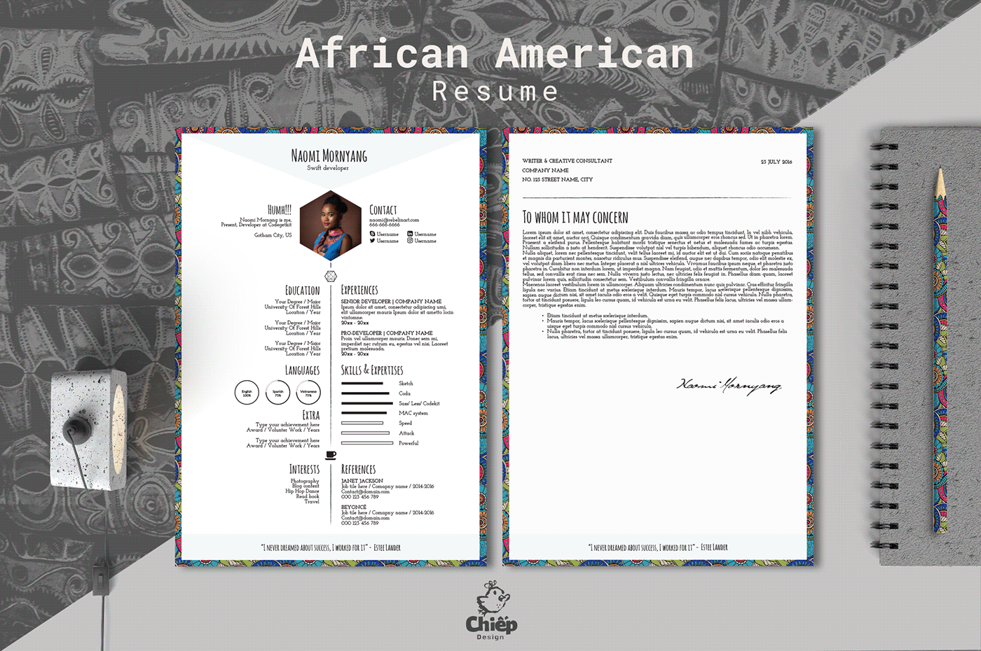 African American Resume black and white cv chic resume Creative Resume Curriculum Vitae