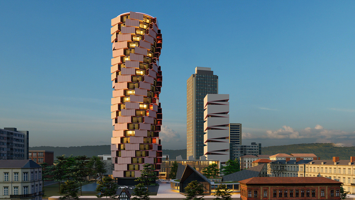 architecture archviz visualization Render 3D exterior building gold pink