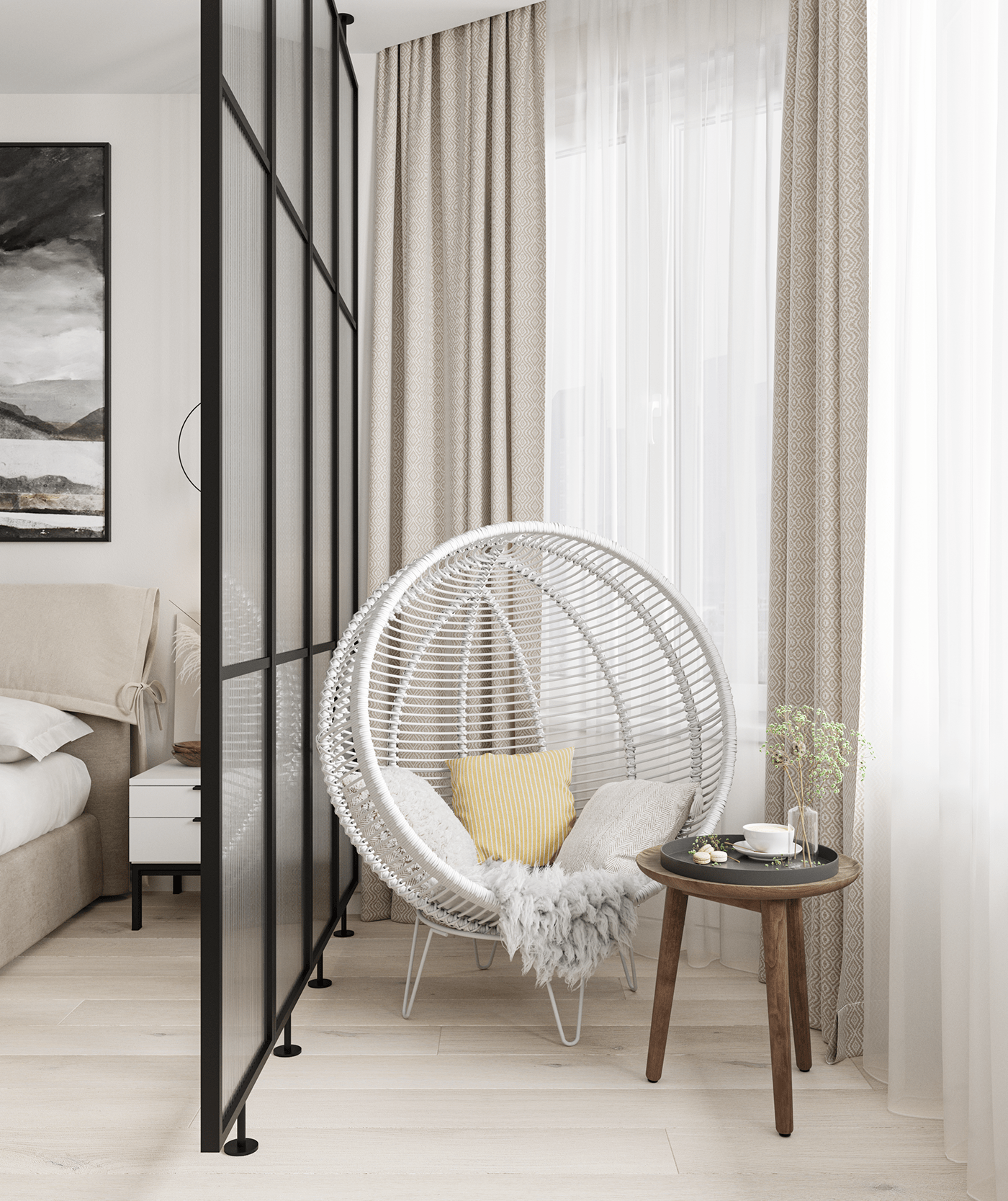 3ds max archviz bedroom black and white Interior monochrome Render visualization интерьер спальня