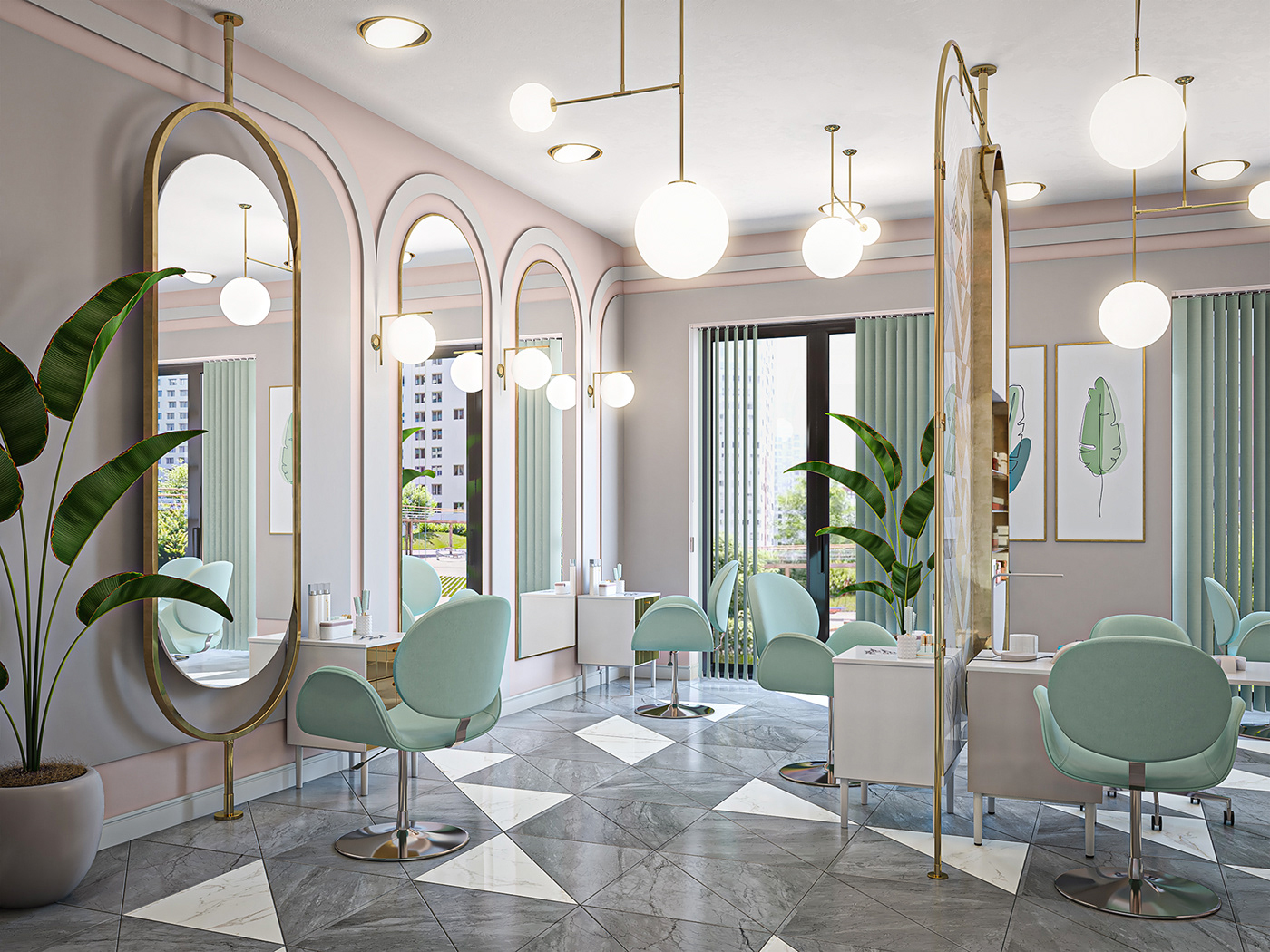 3D archvis beauty salon design Interior Memphis mint color