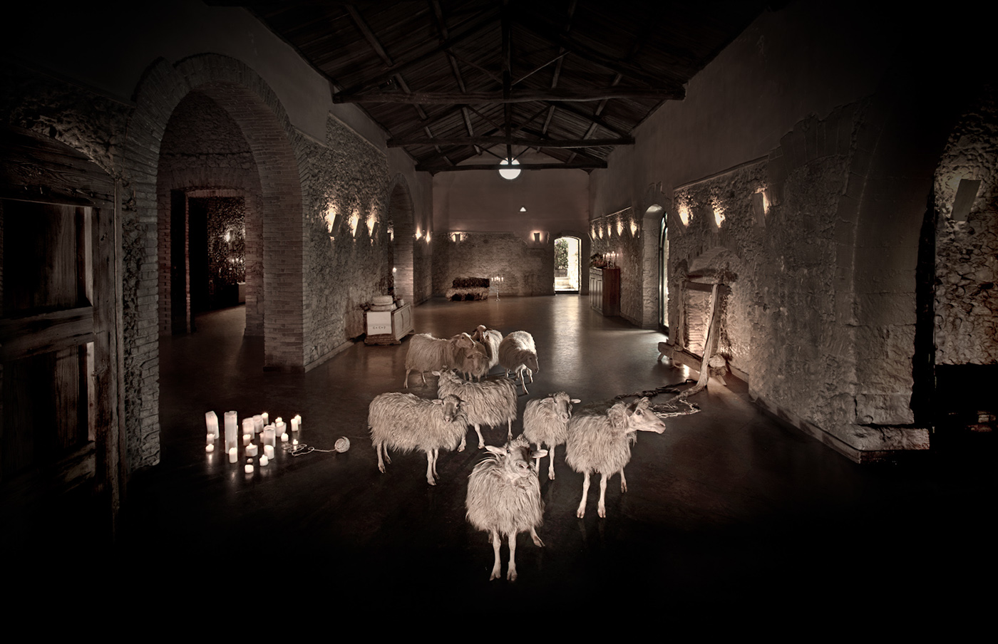 italian middle ages convent conceptual interiors animals sheeps horses Italy sardinia