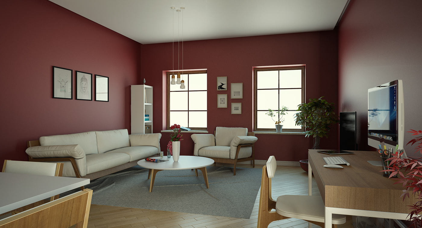room marsala living room living kitchen sofa red White wood white wood