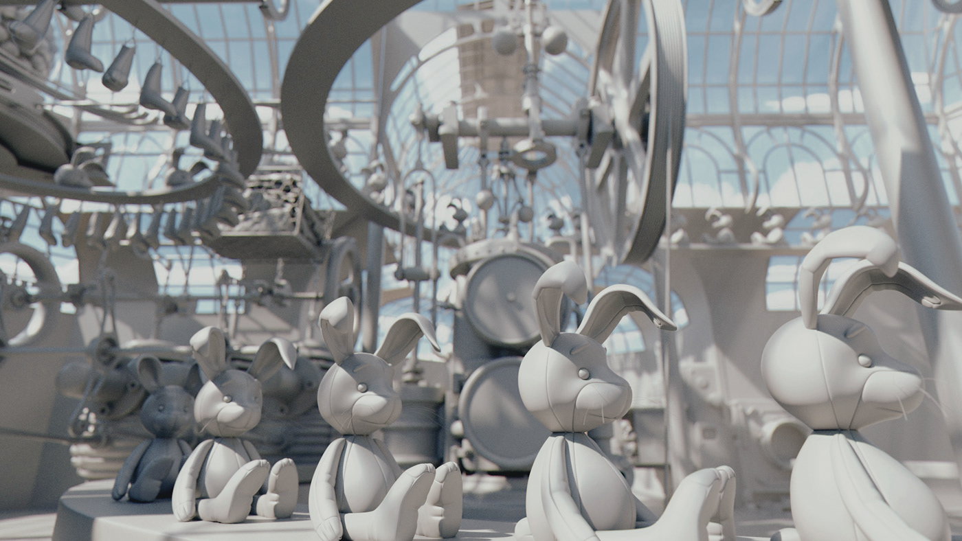 basket bunny CGI conveyor factory industrial machine surreal toy whimsical