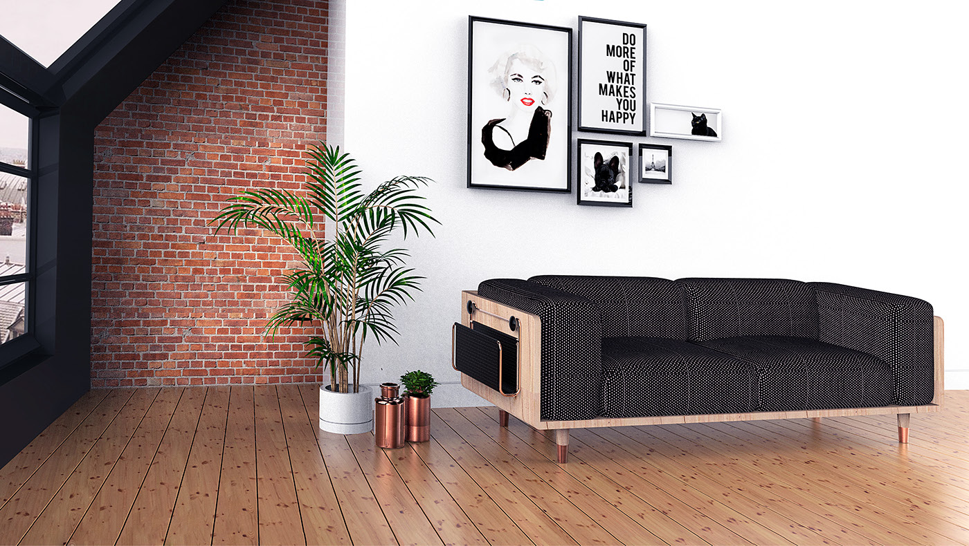 sofa product design futniture Interior Scandinavian style copper pin rack grey wood newspaper hanger pillow kanapa