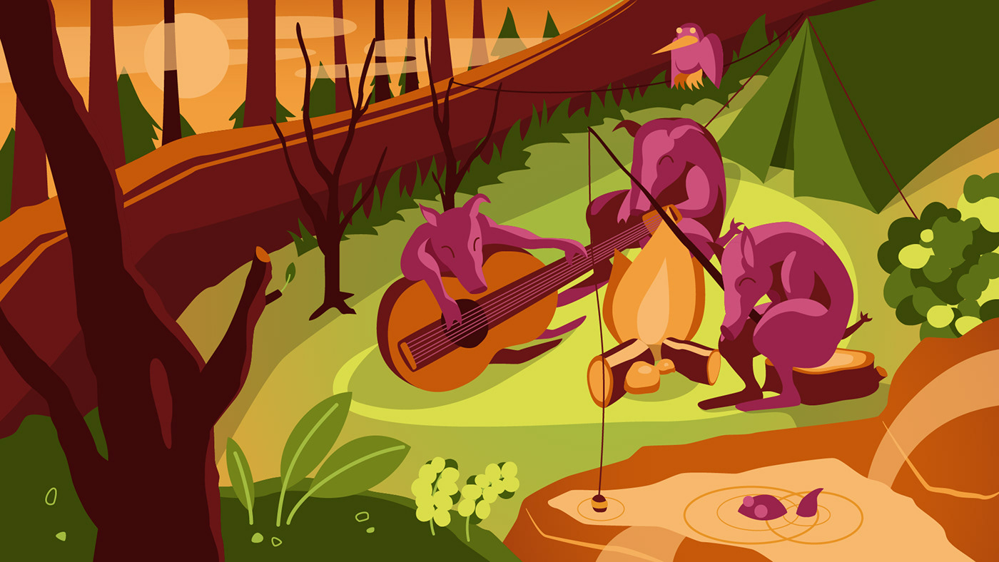 after effects animation  Campfire camping forest ILLUSTRATION  motion design sunset