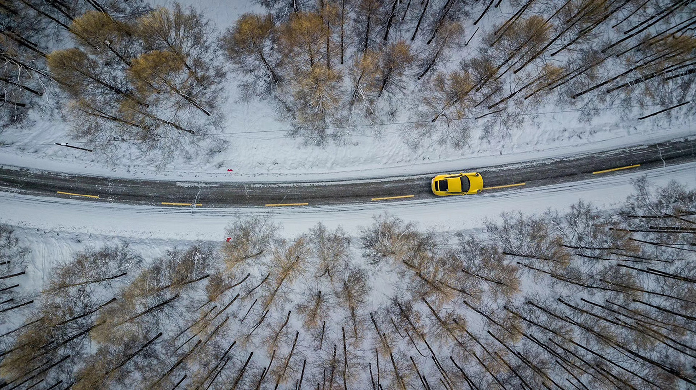 Aerial Car to Car china commercial drone ice photographer Porsche shanghai winter