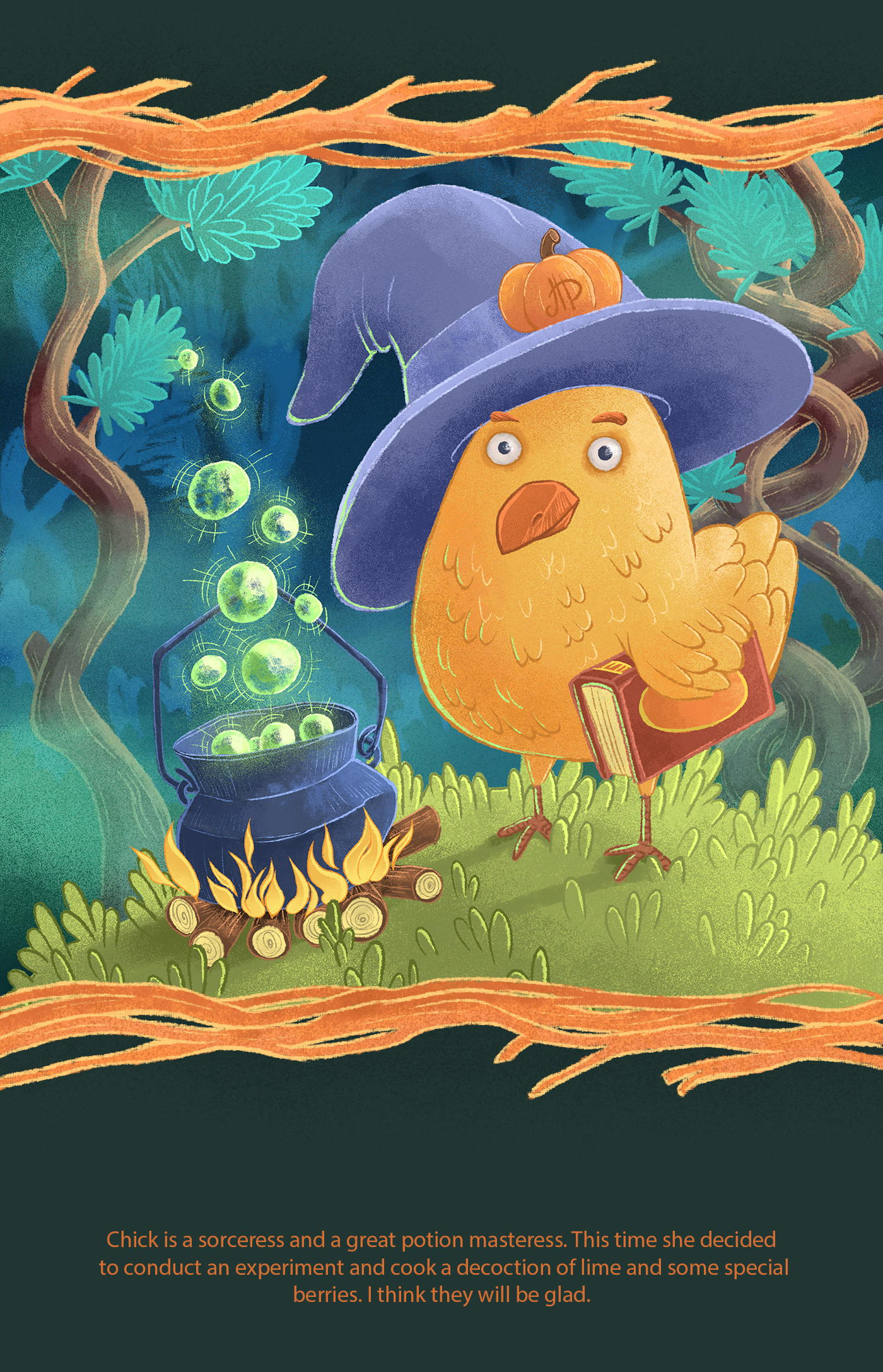 Chick makes potion in the forest. She is witch
