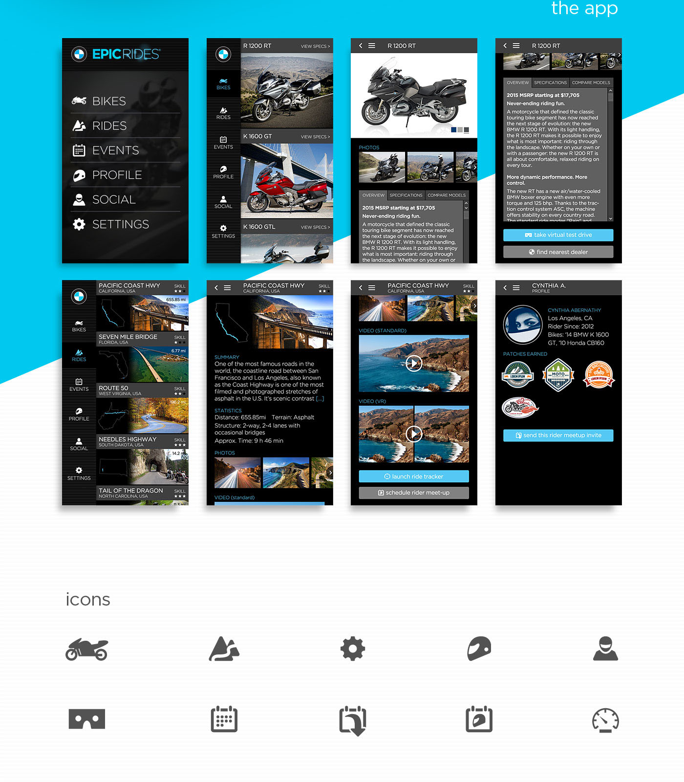 vr Virtual Realaity smartphone app icons vr viewer moto motorcycle BMW sleek black and blue RoadTrip