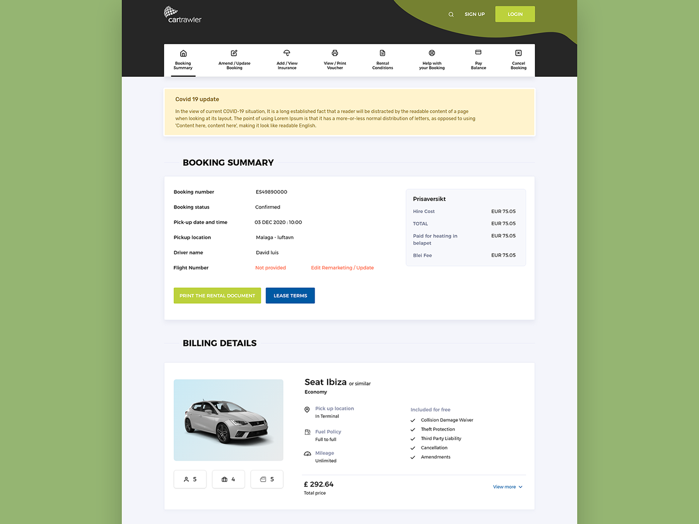 Car rental Cars dashboard homepage Rent