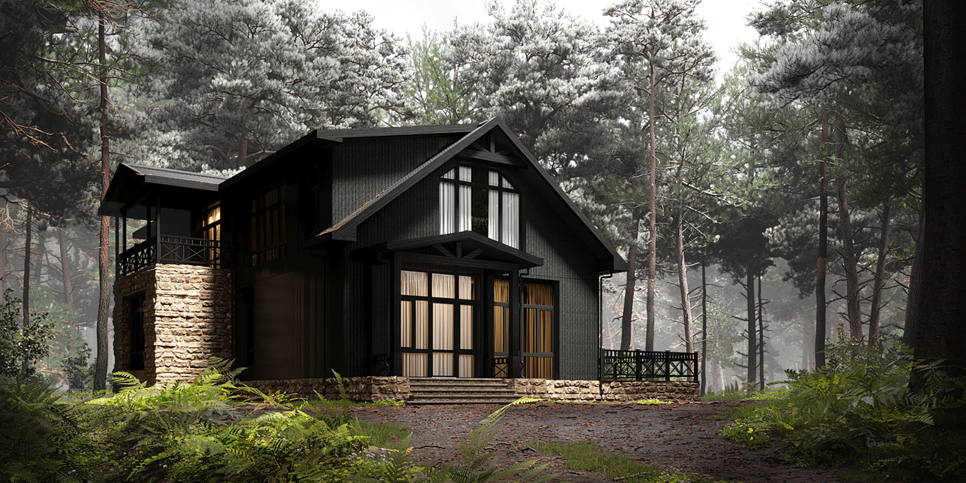 camping forest House in the woods moon night render Vizualization wooden house Деревянный дом Дом в лесу кемпинг