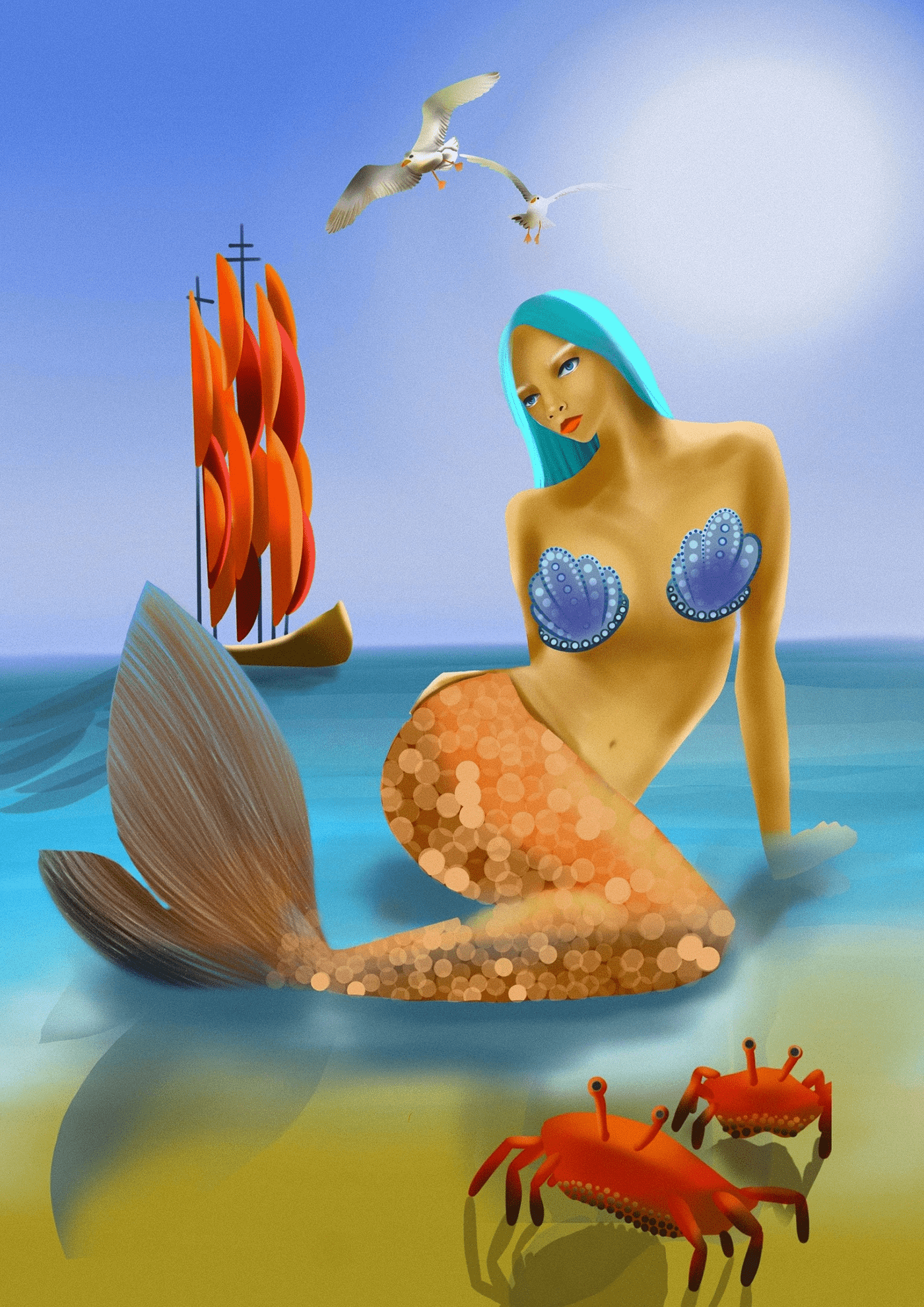 море русалка sea mermaid dream dreams seagulls ILLUSTRATION  art fairytale