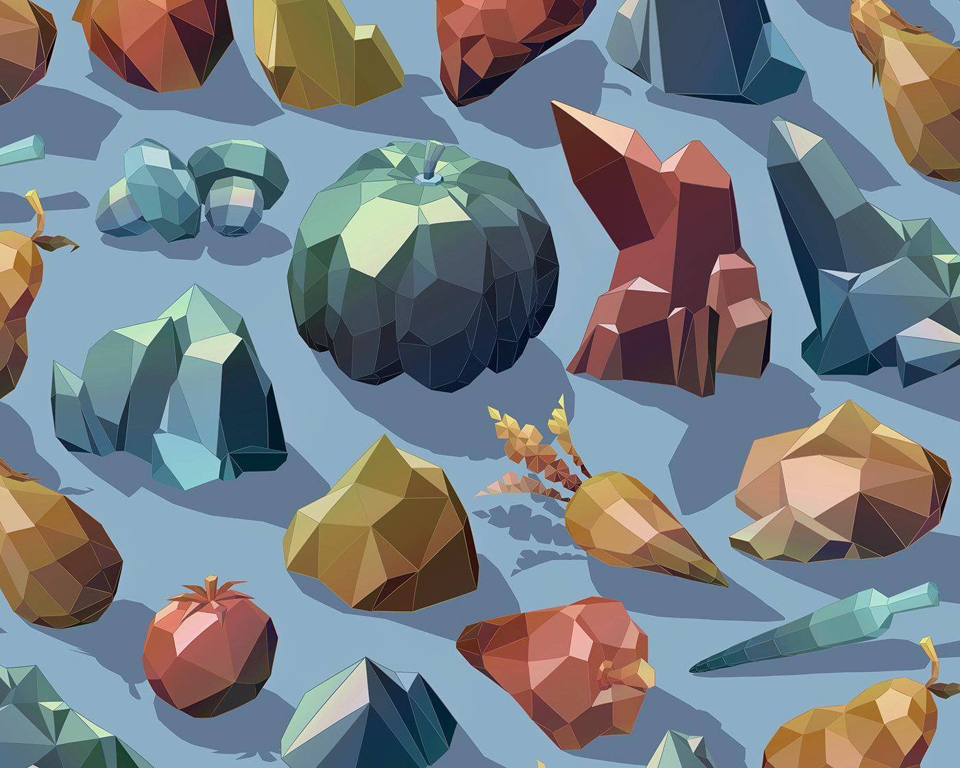 Digital illustration of low-poly crystals and fruits in metallic bronze, silver and gold colours.