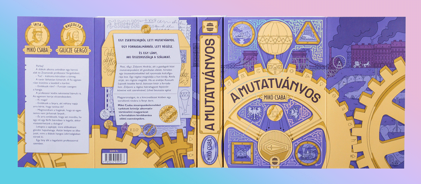 book cover design embossing history hotfoil STEAMPUNK adventure alchemy journey Soft-Cover Book
