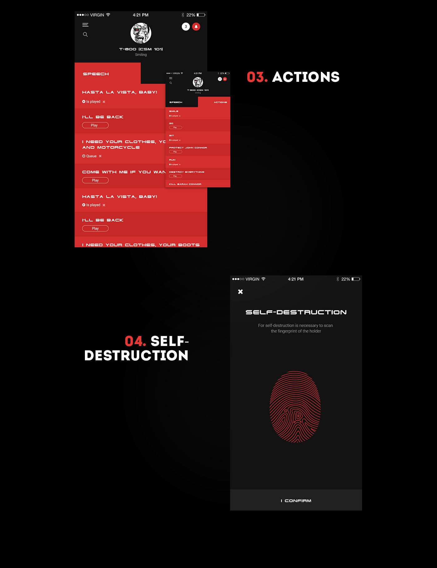 ios iphone concept iPad UI app Interface brand terminator mobile minimal clean black history prototype